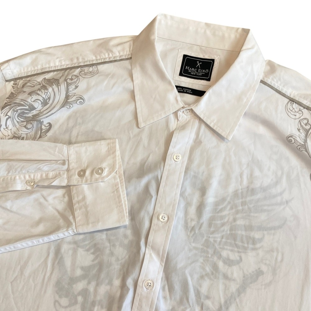 Marc Ecko Cut & Sew Mens XXL 2XL White B/D Shirt Eagle Guitar Y2K *BUTTON*